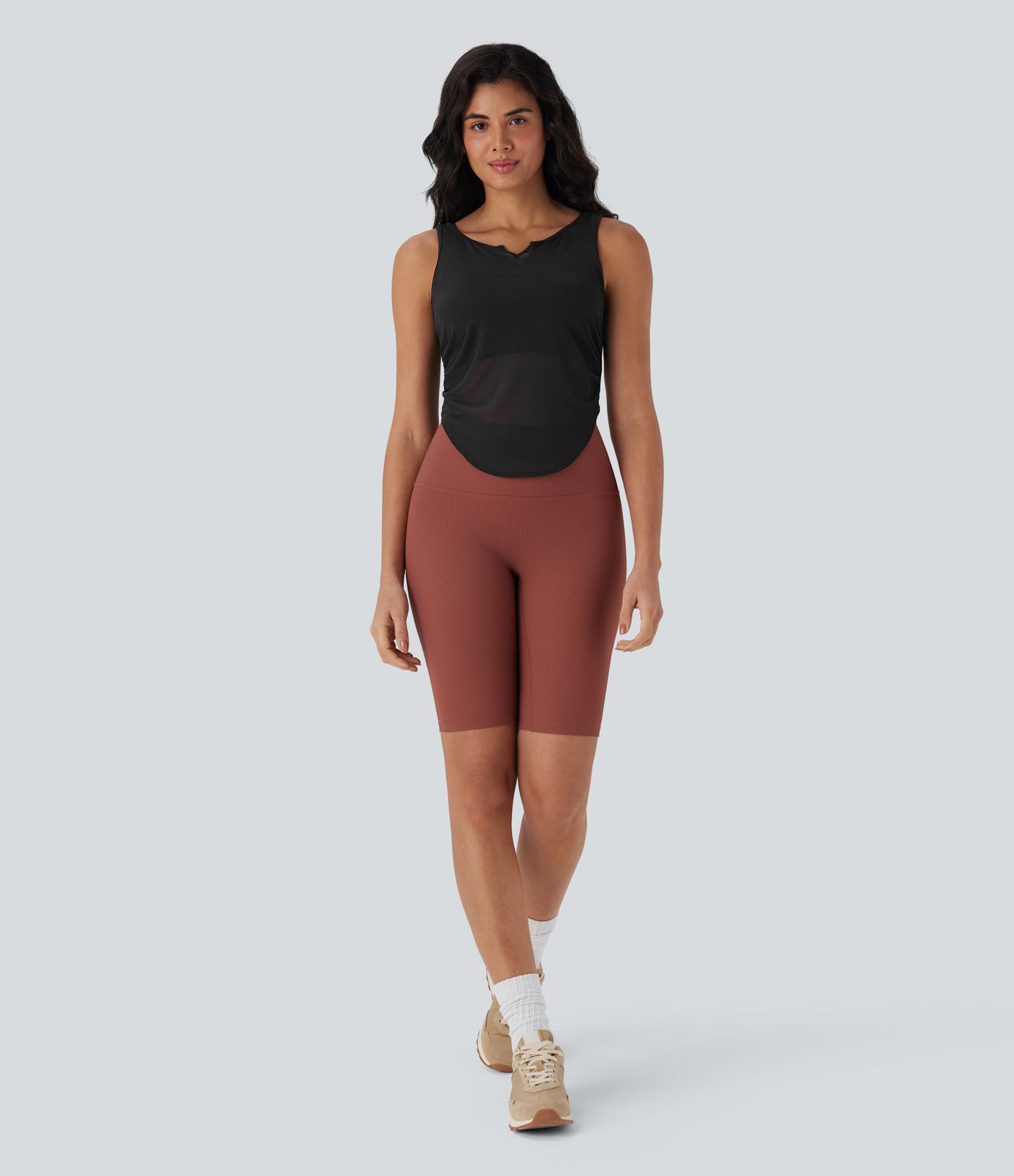Sheer Mesh V Notch Ruched Curved Hem Yoga Tank Top