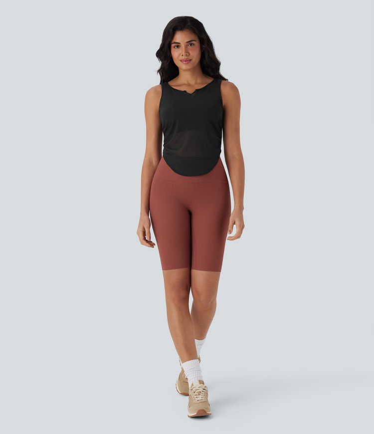 Sheer Mesh V Notch Ruched Curved Hem Yoga Tank Top