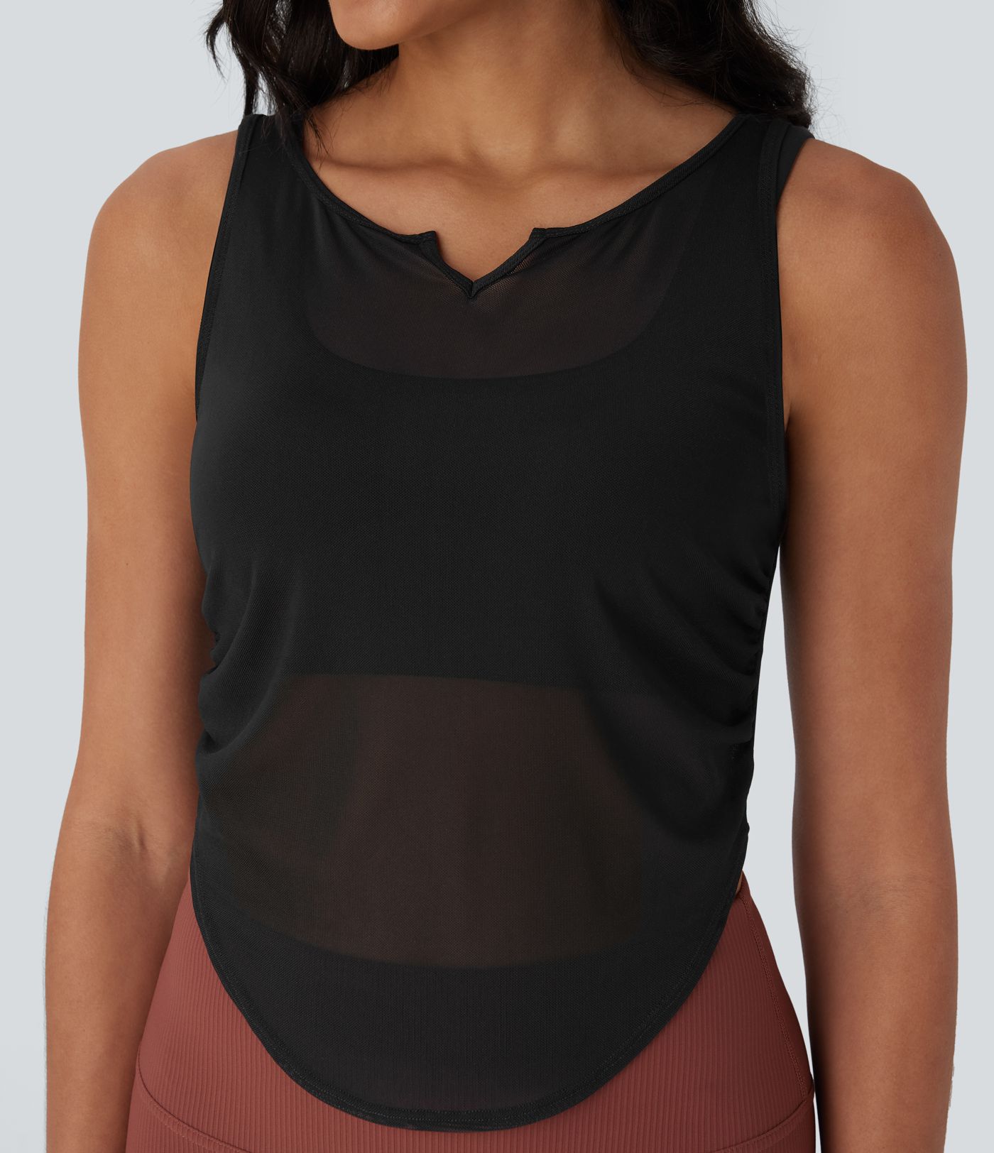 Sheer Mesh V Notch Ruched Curved Hem Yoga Tank Top