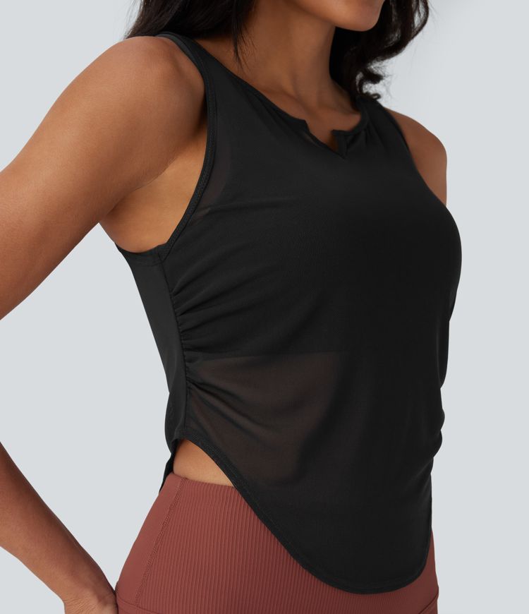 Sheer Mesh V Notch Ruched Curved Hem Yoga Tank Top