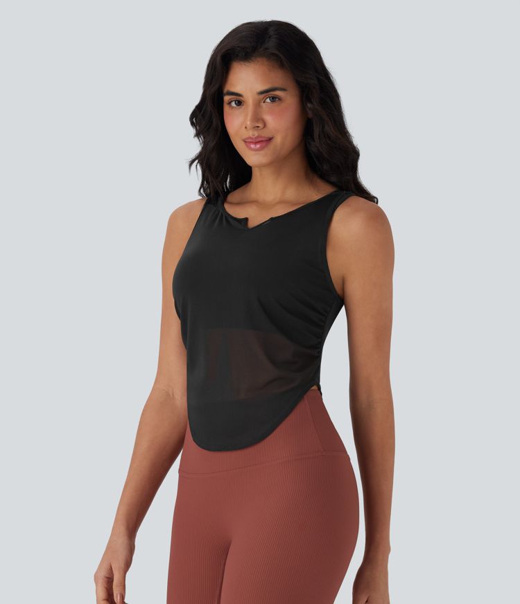 Sheer Mesh V Notch Ruched Curved Hem Yoga Tank Top