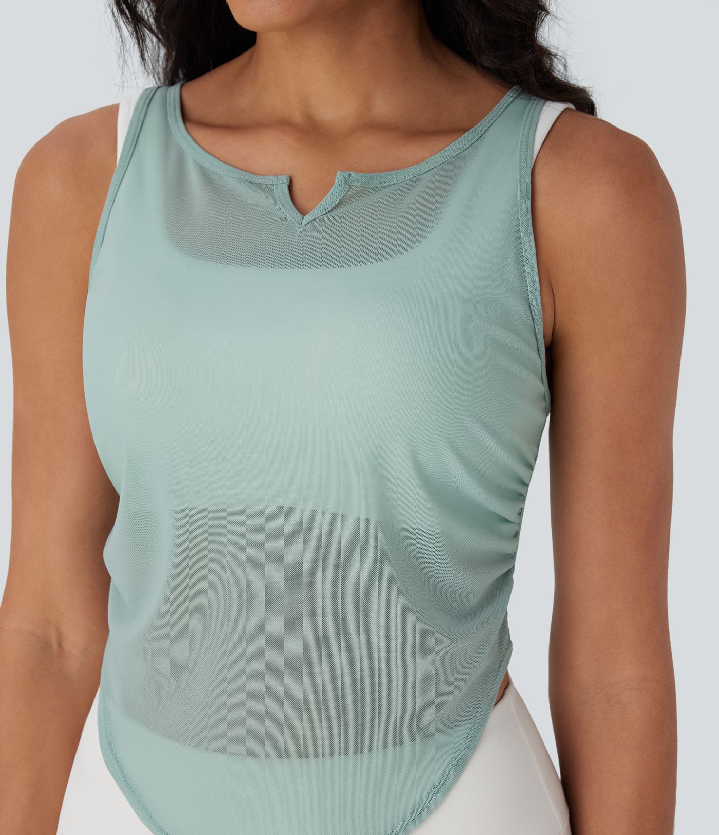 Débardeur de Yoga à Découpe en V en Maille Transparente, Froncé, à Ourlet Incurvé
