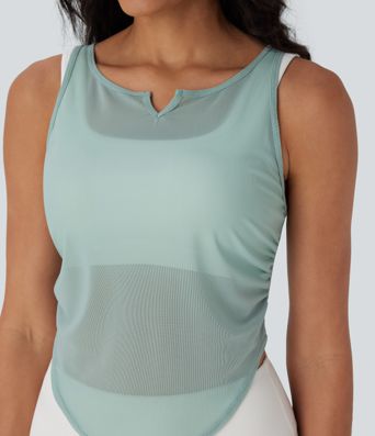 Débardeur de Yoga à Découpe en V en Maille Transparente, Froncé, à Ourlet Incurvé