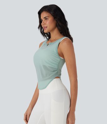 Débardeur de Yoga à Découpe en V en Maille Transparente, Froncé, à Ourlet Incurvé