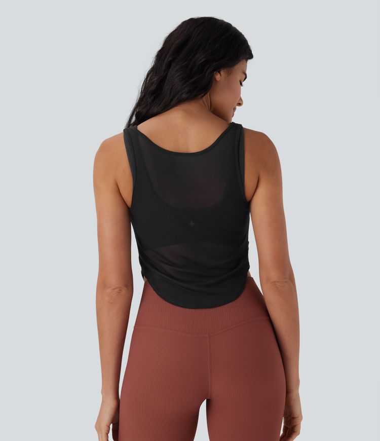 Sheer Mesh V Notch Ruched Curved Hem Yoga Tank Top