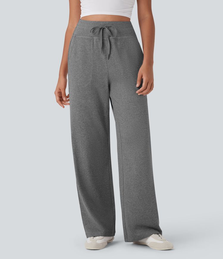 High Waisted Drawstring Wide Leg Casual Pants with Side Pockets