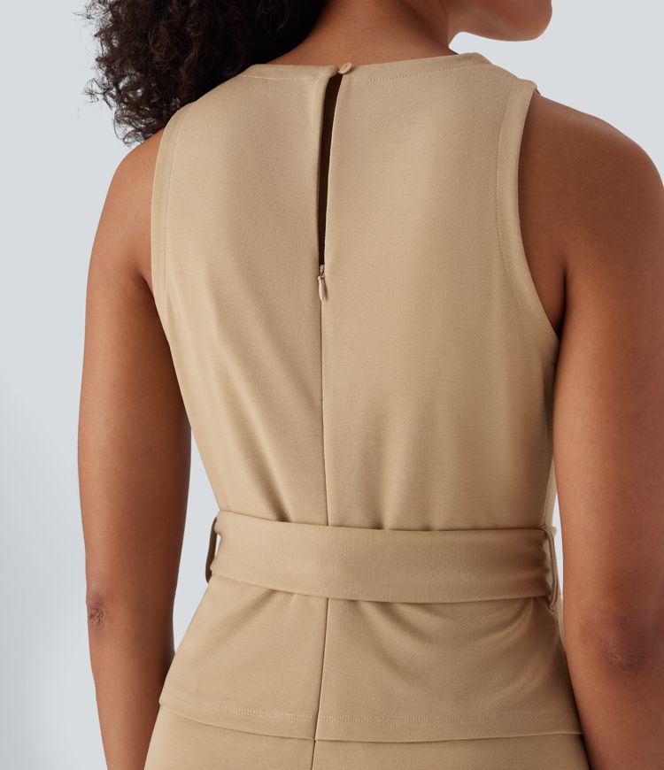 Sleeveless Keyhole-Back Belted Split Midi Work Dress