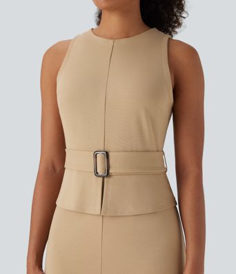 Robe mi-longue de travail sans manches avec dos ouvert et ceinture