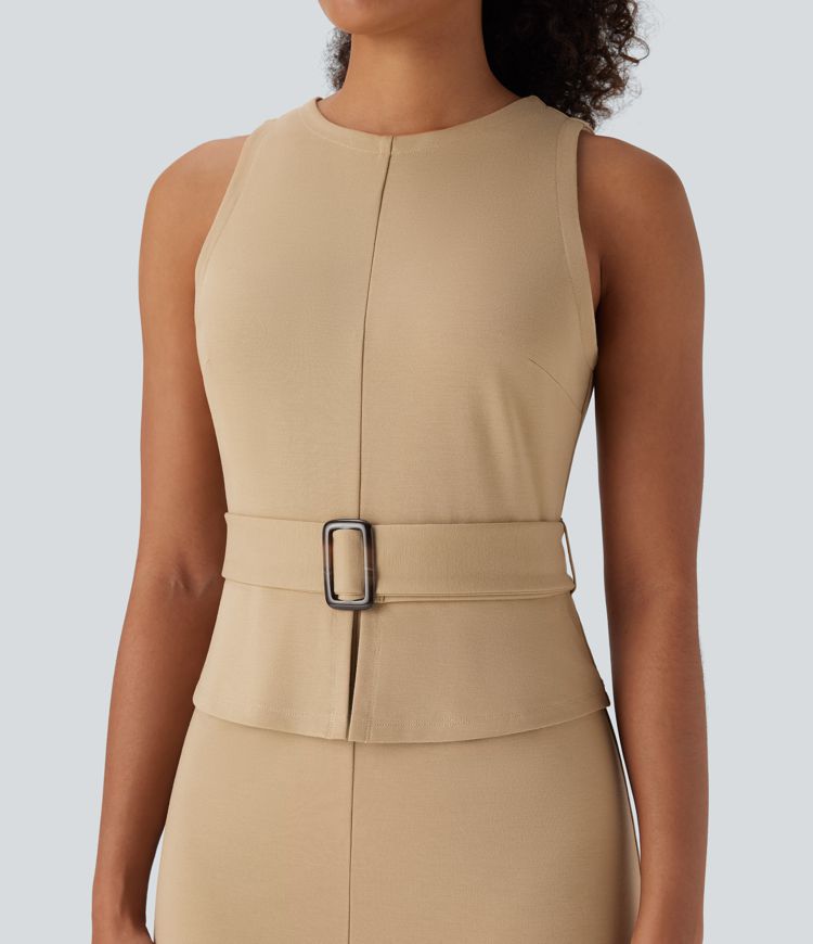 Sleeveless Keyhole-Back Belted Split Midi Work Dress