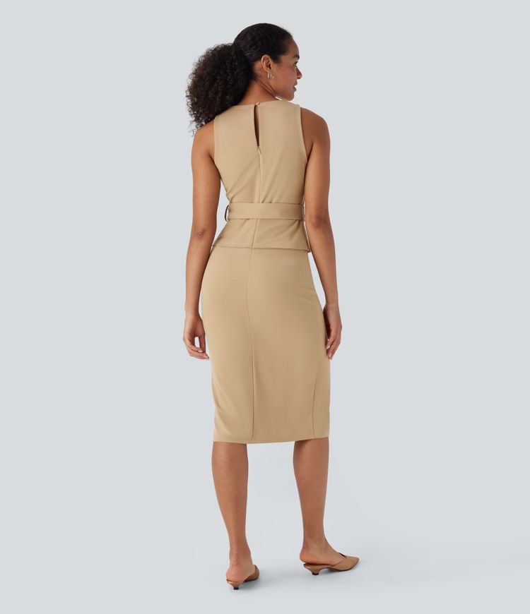 Sleeveless Keyhole-Back Belted Midi Work Dress