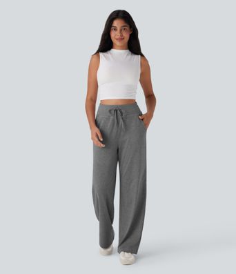 Hochgeschnittene Kordelzug-Hose mit weitem Bein und Taschen für Freizeit