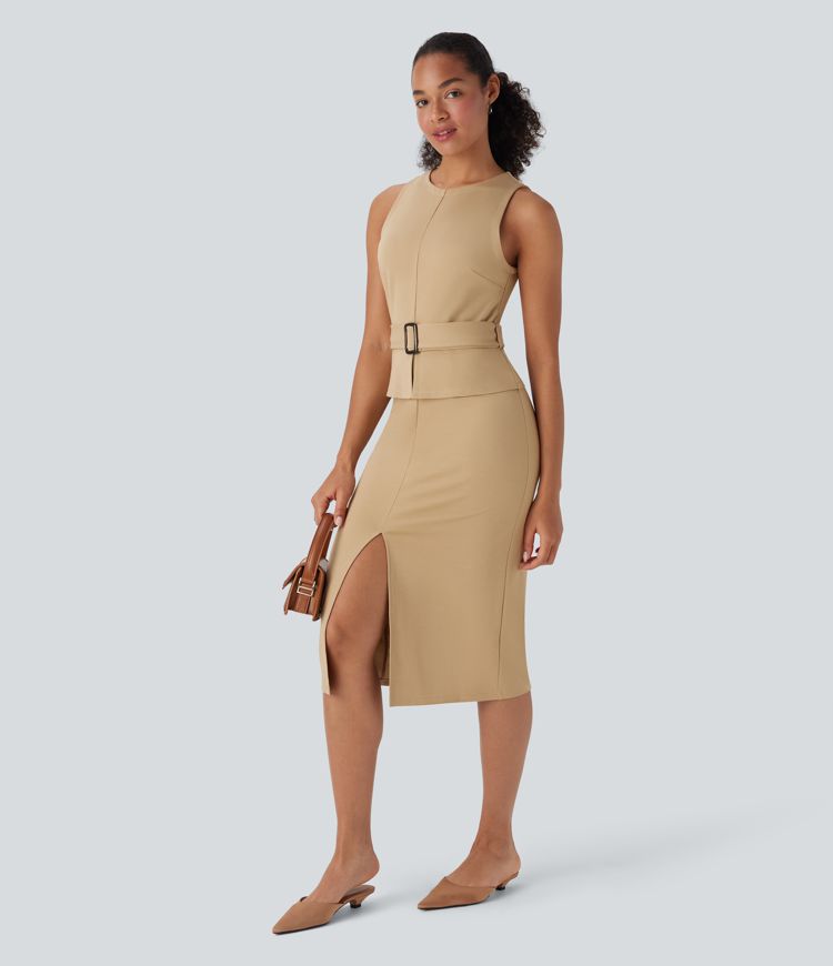 Sleeveless Keyhole-Back Belted Split Midi Work Dress