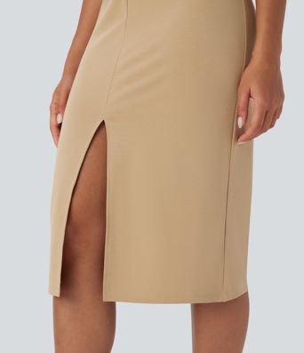 Robe mi-longue de travail sans manches avec dos ouvert et ceinture