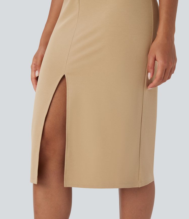 Sleeveless Keyhole-Back Belted Split Midi Work Dress