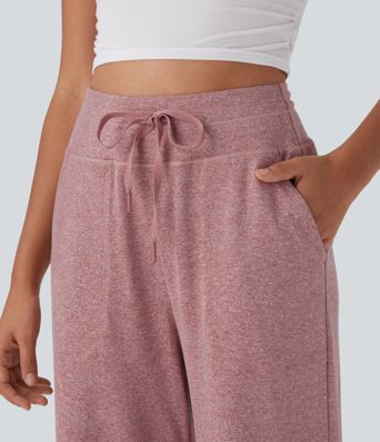 High Waisted Drawstring Wide Leg Casual Pants with Side Pockets