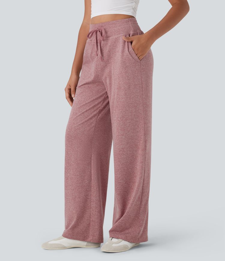 High Waisted Drawstring Wide Leg Casual Pants with Side Pockets