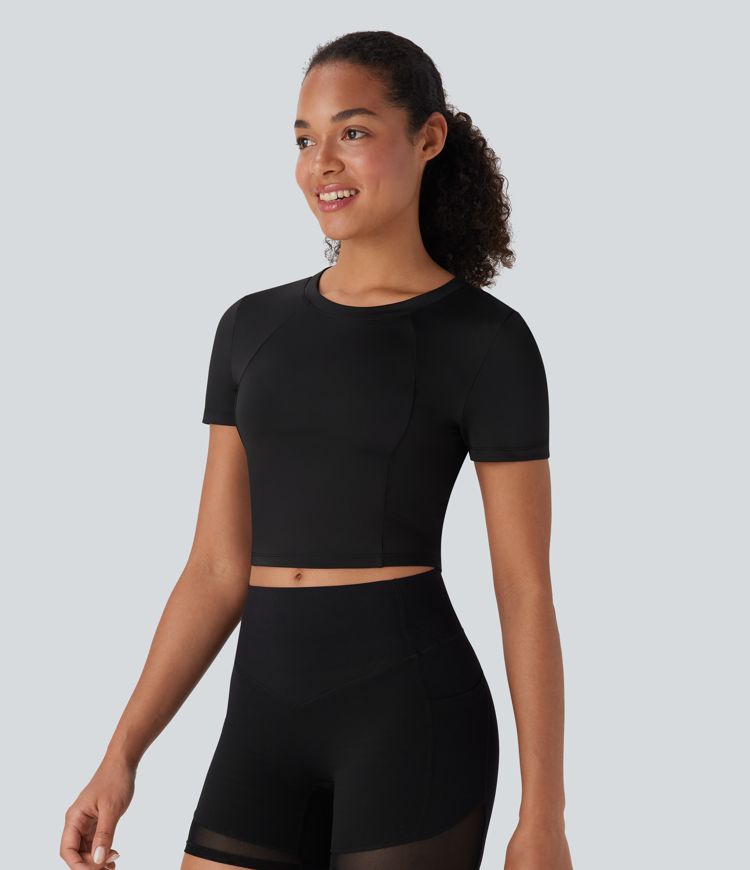 Round Neck Short Sleeve Contrast Mesh Cropped Yoga Sports Top