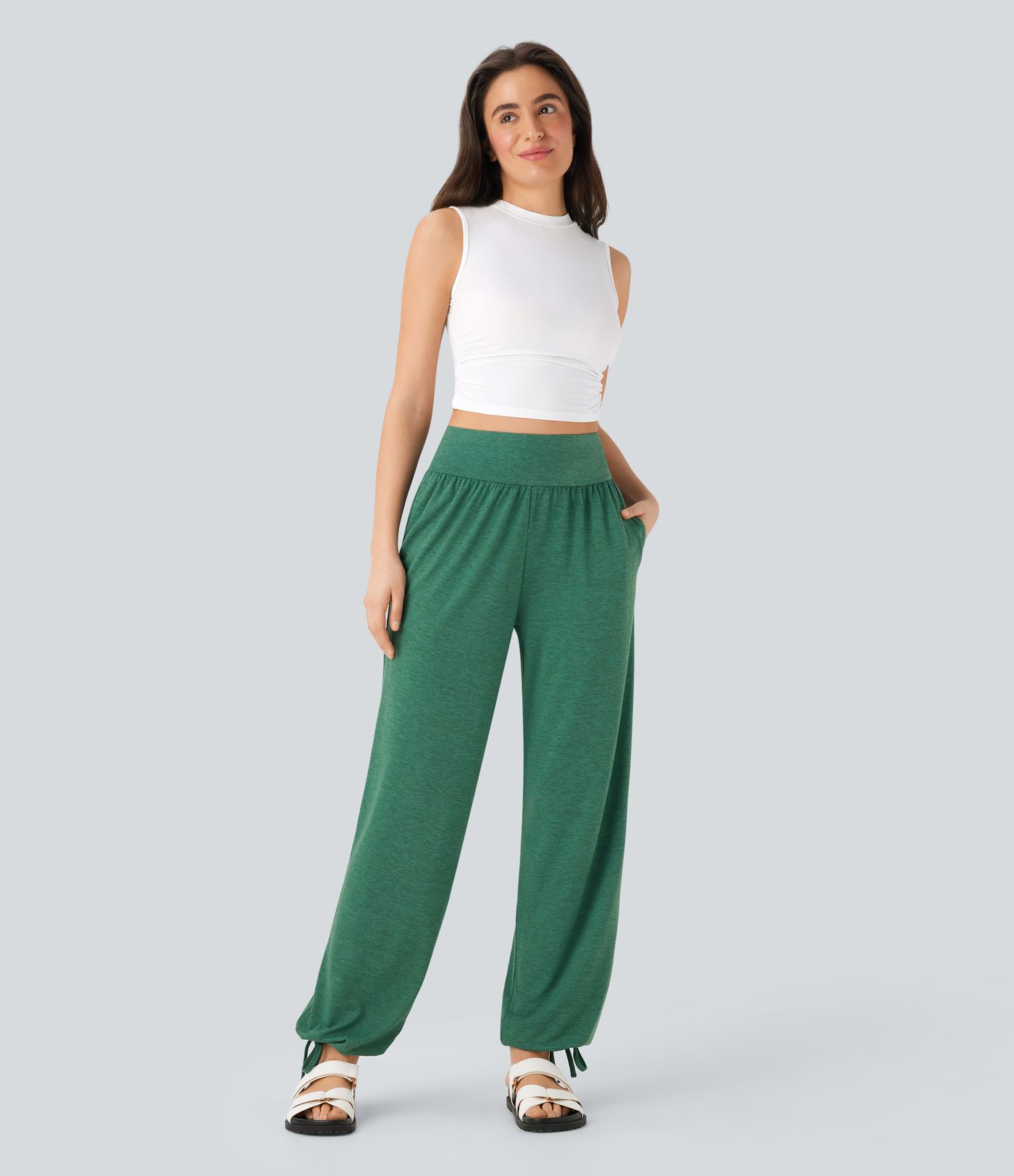 High Waisted Drawstring Hem Casual Joggers with Pockets
