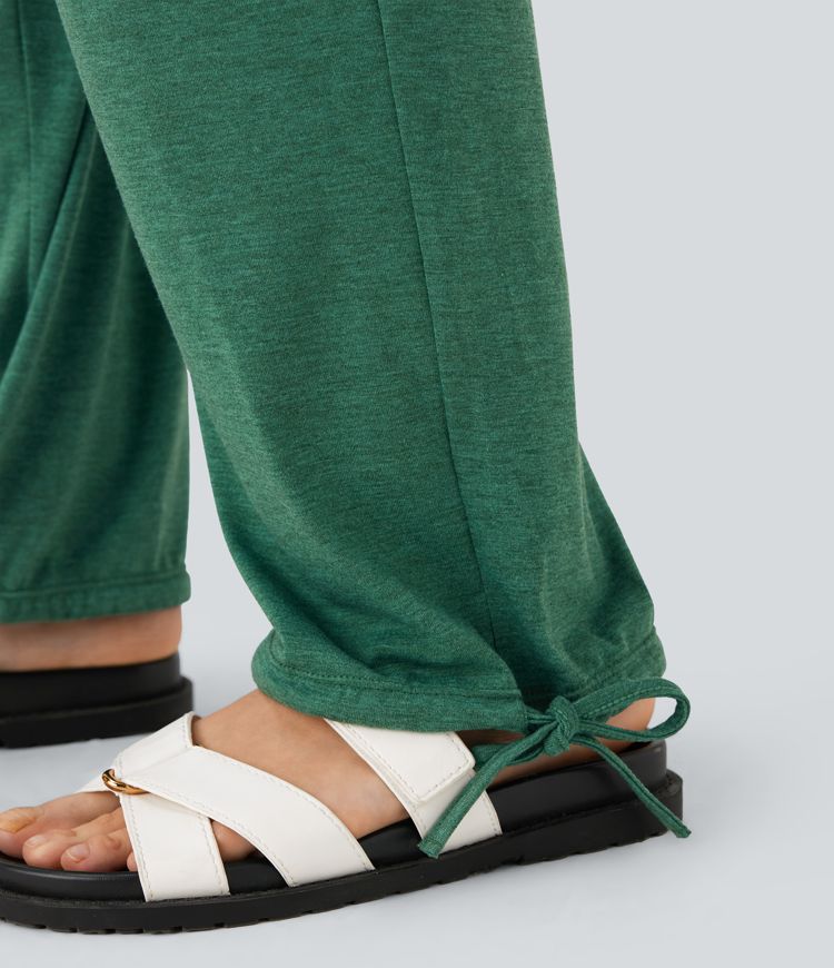 High Waisted Drawstring Hem Casual Joggers with Pockets