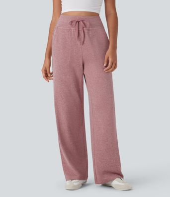High Waisted Drawstring Wide Leg Casual Pants with Side Pockets