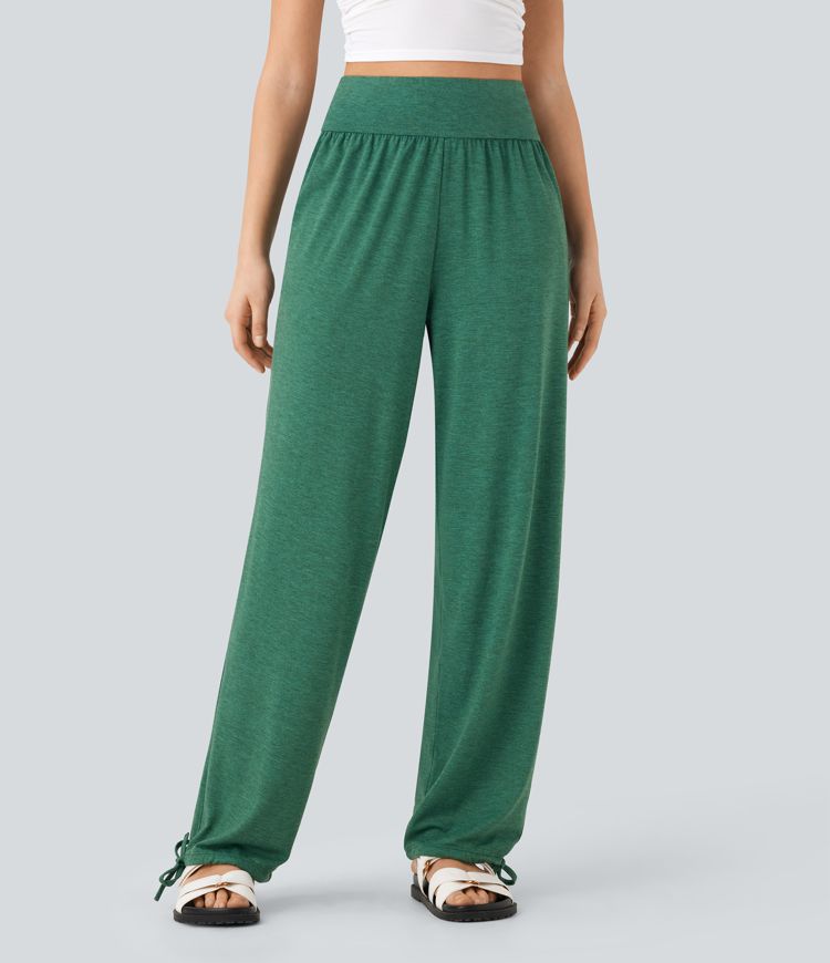 High Waisted Drawstring Hem Casual Joggers with Pockets