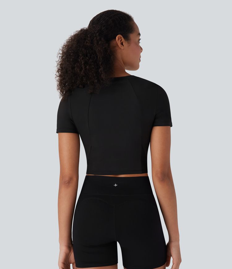 Round Neck Short Sleeve Contrast Mesh Cropped Yoga Sports Top