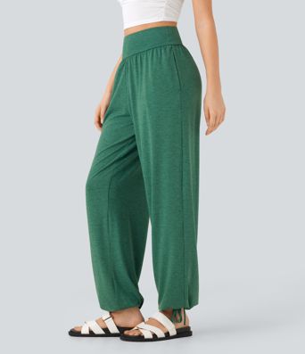 High Waisted Drawstring Hem Casual Joggers with Pockets