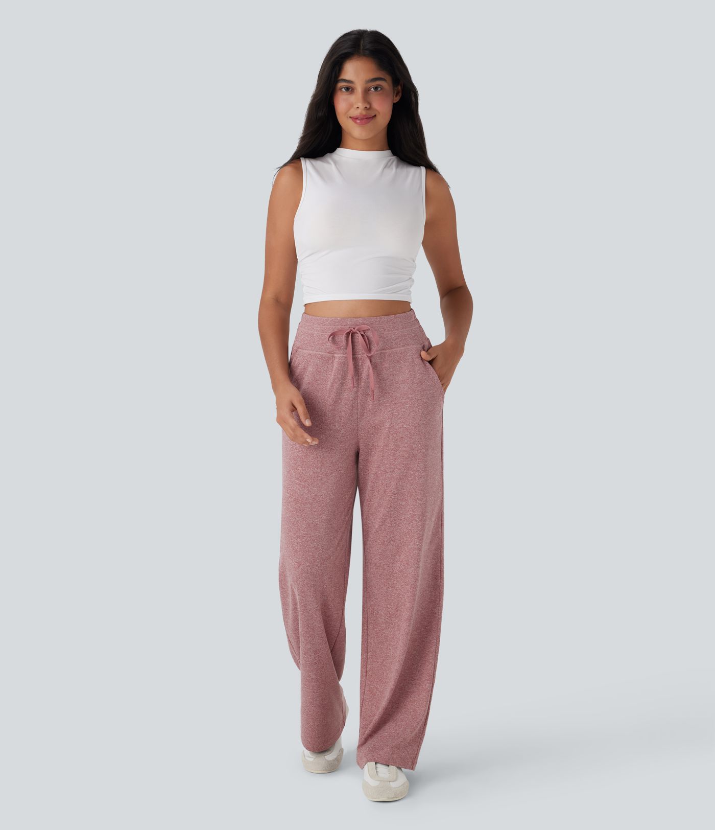 High Waisted Drawstring Wide Leg Casual Pants with Side Pockets