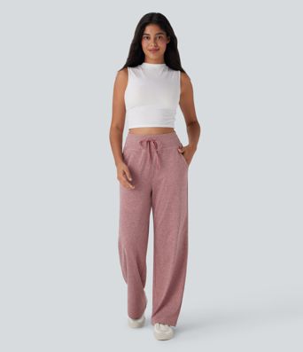 High Waisted Drawstring Wide Leg Casual Pants with Side Pockets