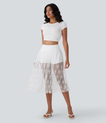 High Waisted 2-in-1 Lace Midi Skirt with Pocket