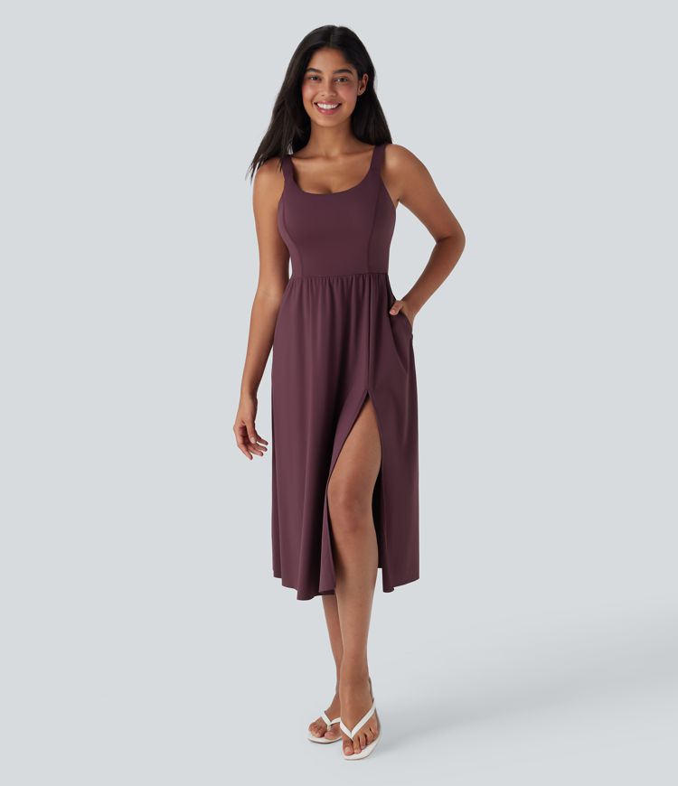 Softlyzero™ Airy Padded Backless Twisted Split Cool Touch Midi Casual Dress with Side Pockets-D/DD/DDD/F Cups