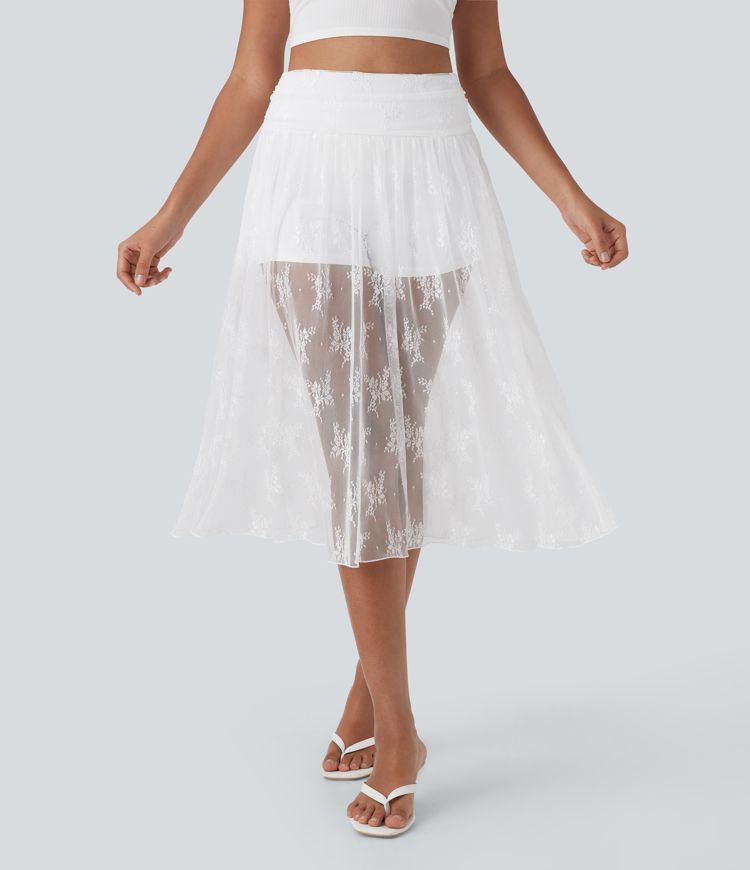 High Waisted 2-in-1 Lace Midi Skirt with Pocket