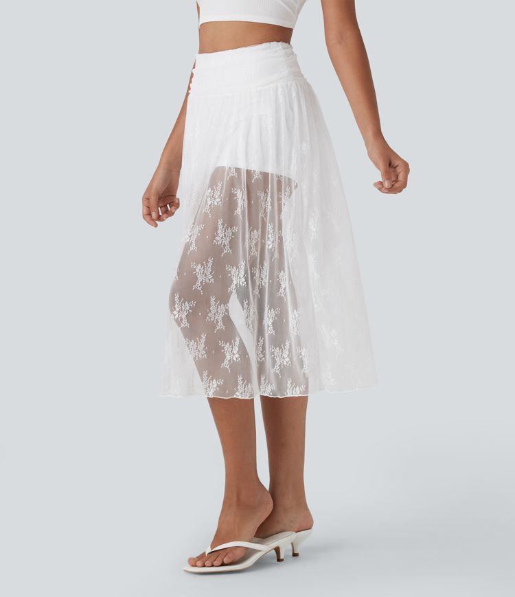 High Waisted 2-in-1 Lace Midi Party Skirt with Pocket