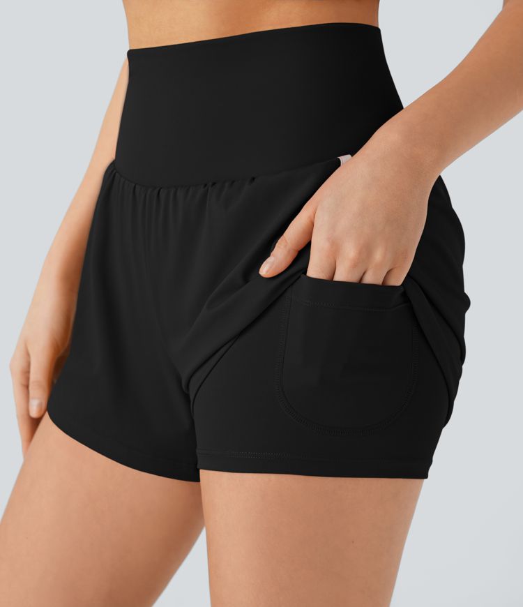SoftlyZero™ QuickDry Super High Waisted Tummy Control 2-in-1 Color Block Yoga Shorts 3'' with Pockets