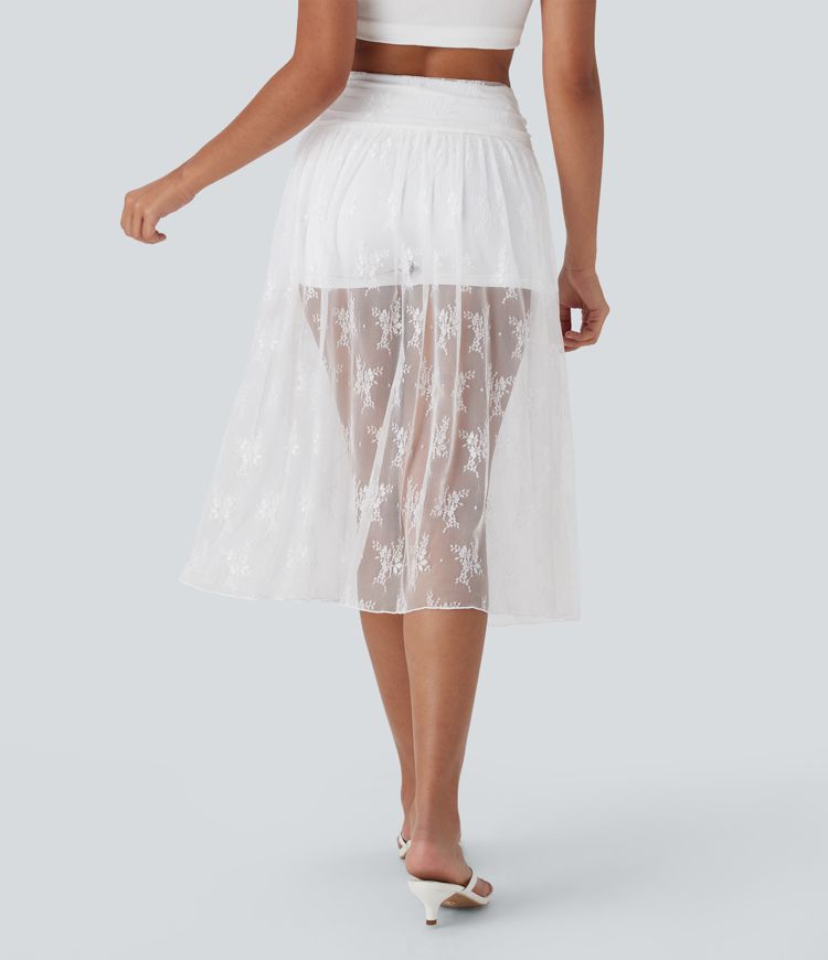 High Waisted 2-in-1 Lace Midi Party Skirt with Pocket