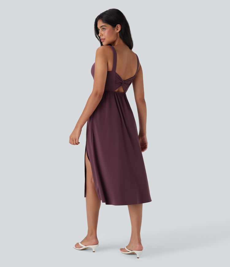 Softlyzero™ Airy Padded Backless Twisted Split Cool Touch Midi Casual Dress with Side Pockets-D/DD/DDD/F Cups