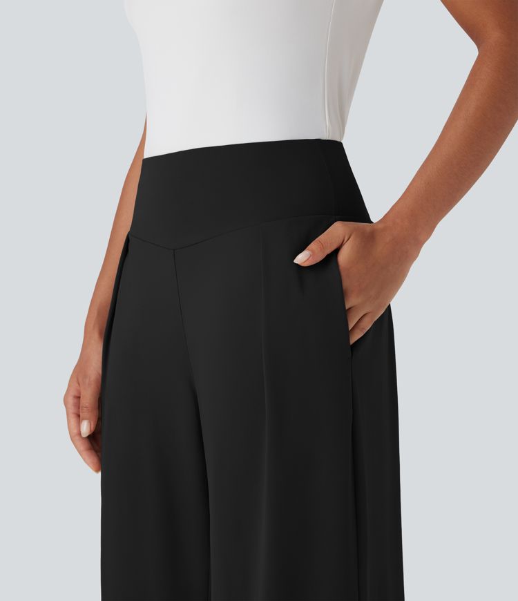 High Waisted Wide Leg Casual Trousers with Pockets