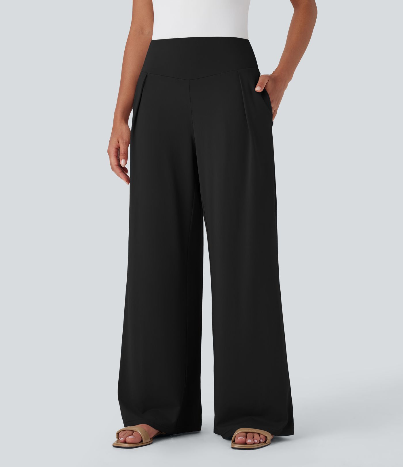 High Waisted Wide Leg Casual Trousers with Pockets
