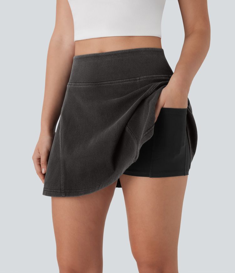 Mini-jupe décontractée Halara Flex™ évasée 2-en-1 taille haute en denim stretch lavé avec poches