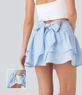 High Waisted Tie Back Shirred Tiered 2-in-1 Mini Casual Skirt