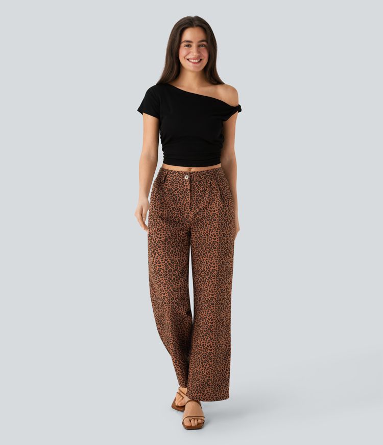 Pantalon décontracté en coton à jambe droite, taille moyenne, imprimé léopard avec poches