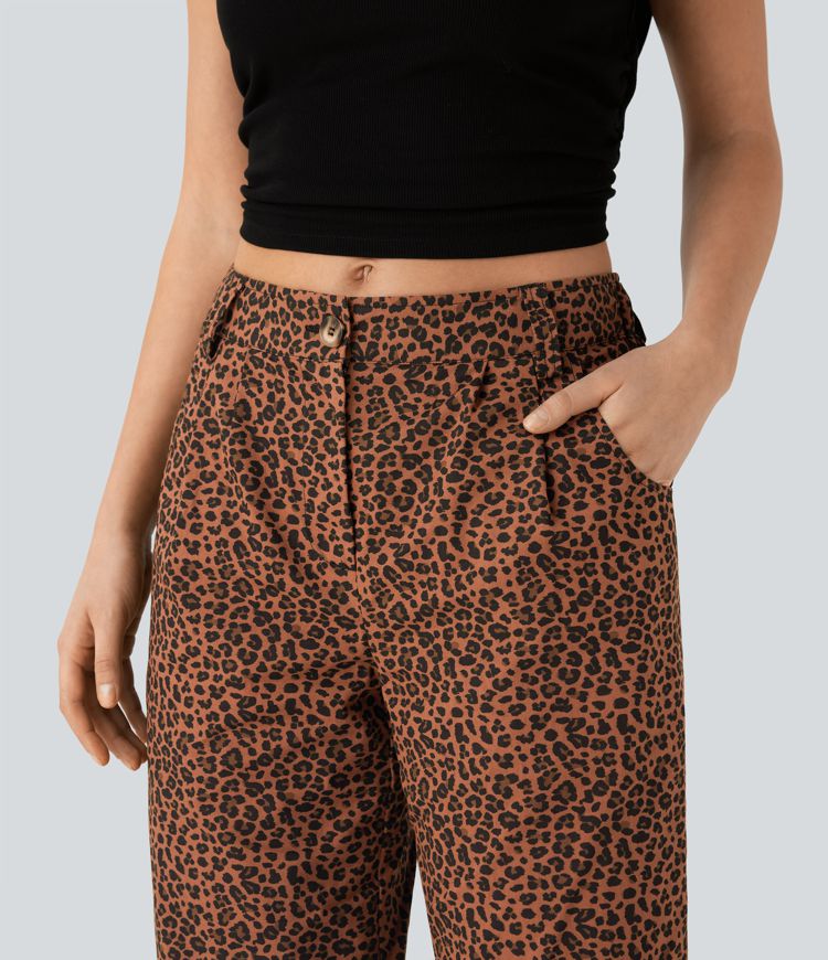 Pantalon décontracté en coton à jambe droite, taille moyenne, imprimé léopard avec poches