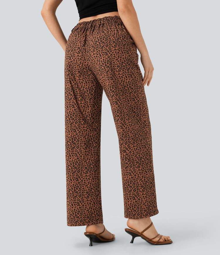 Pantalon décontracté en coton à jambe droite, taille moyenne, imprimé léopard avec poches