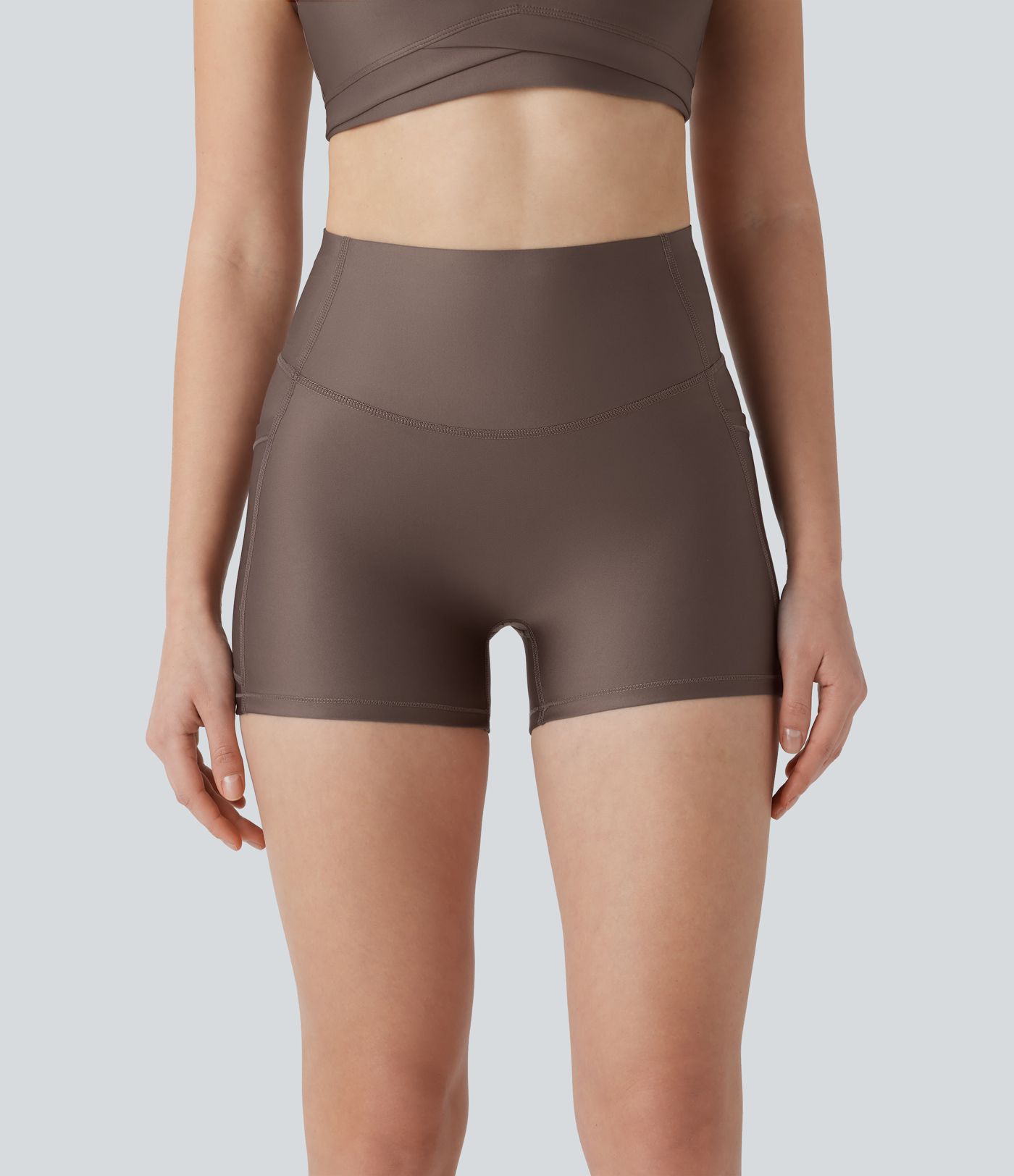 High Waisted Tummy Control Pocket Sheen Running Biker Shorts 3''