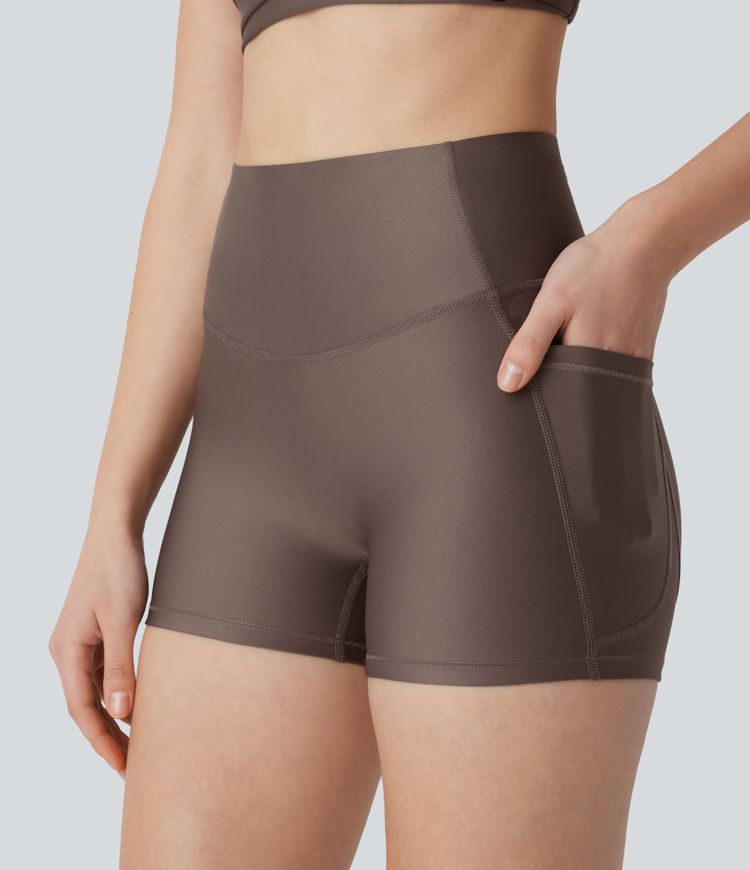 High Waisted Tummy Control Pocket Sheen Running Biker Shorts 3''