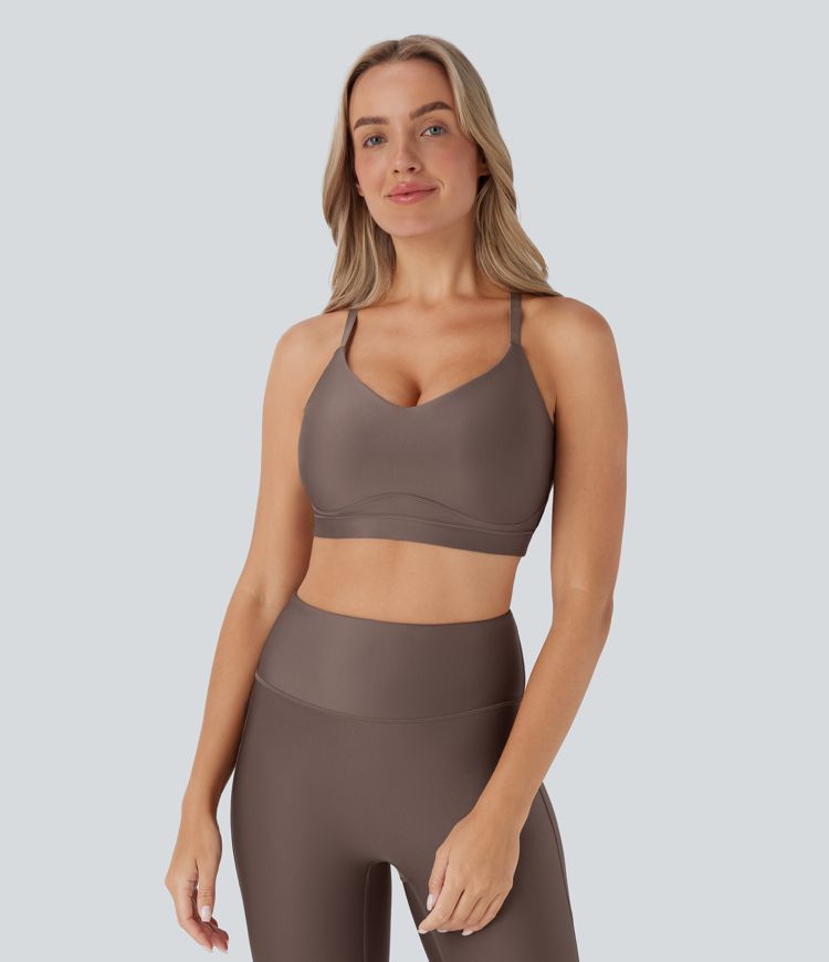 Low Support Crisscross Adjustable Straps Cut Out Sheen Yoga Sports Bra-D/DD/DDD/F Cups