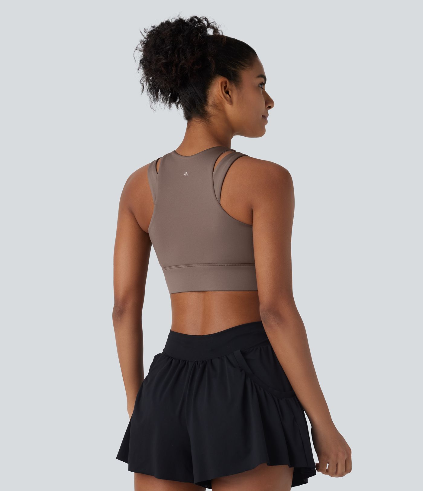 Brassière de danse brillante à maintien léger avec découpes et zip