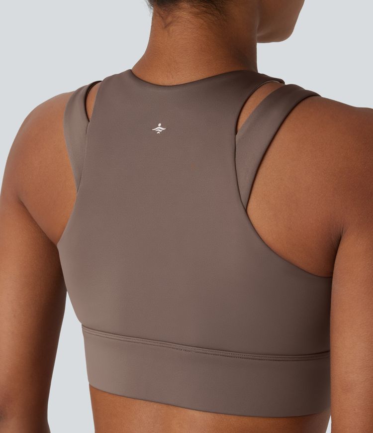 Brassière de danse brillante à maintien léger avec découpes et zip