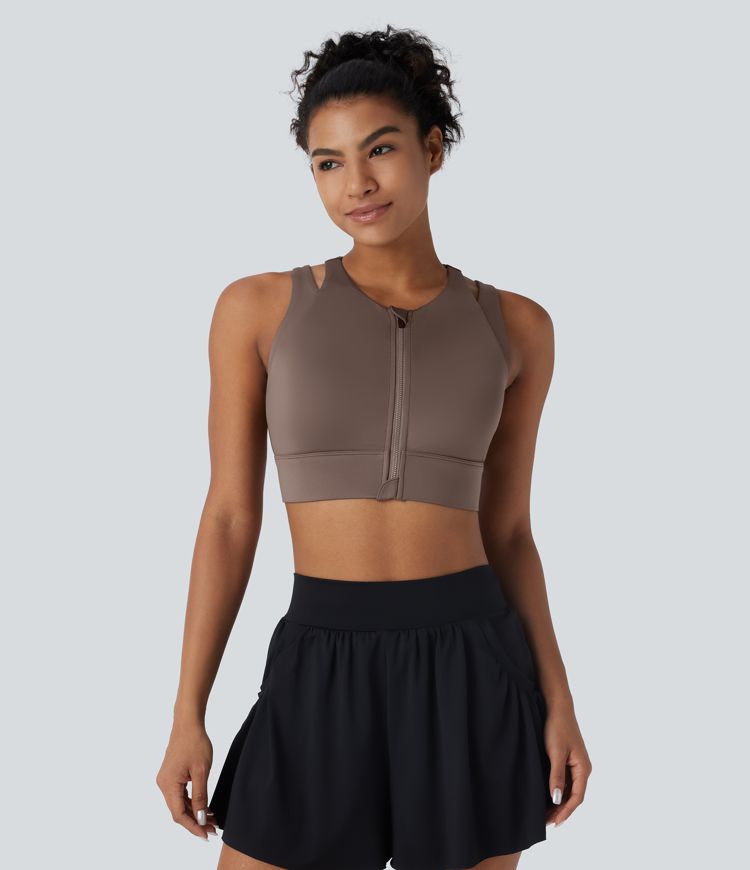 Brassière de danse brillante à maintien léger avec découpes et zip