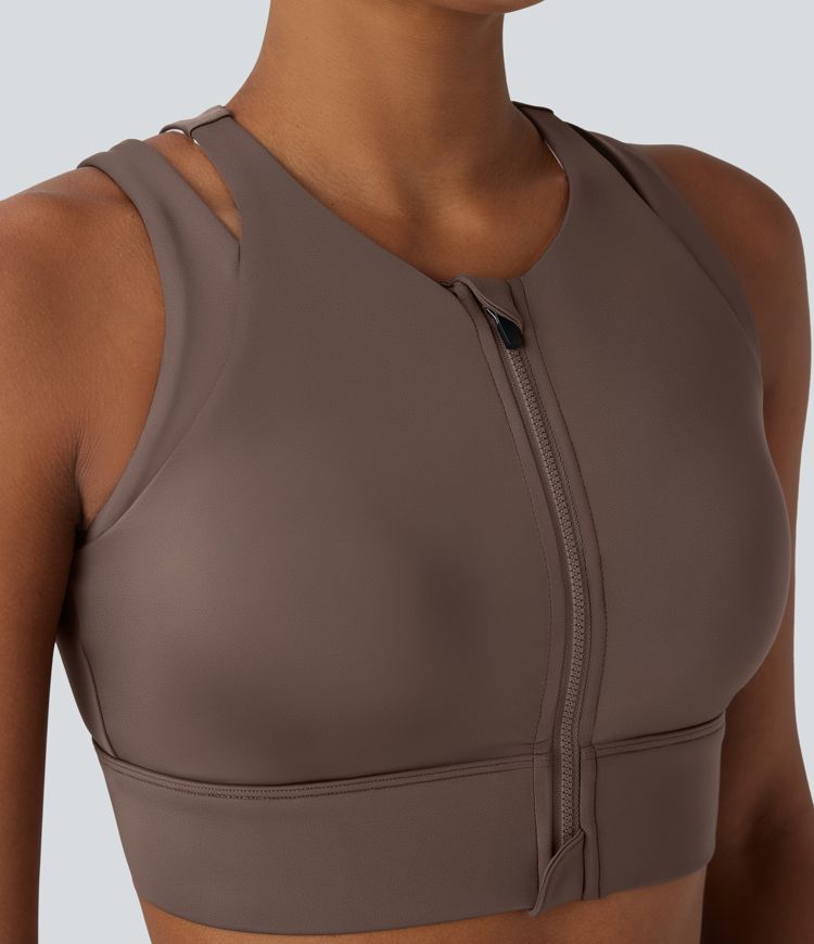 Low Support Cut Out Zipper Sheen Dance Sports Bra